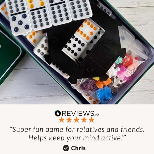 Mexican Train dominoes set with storage case and game pieces 