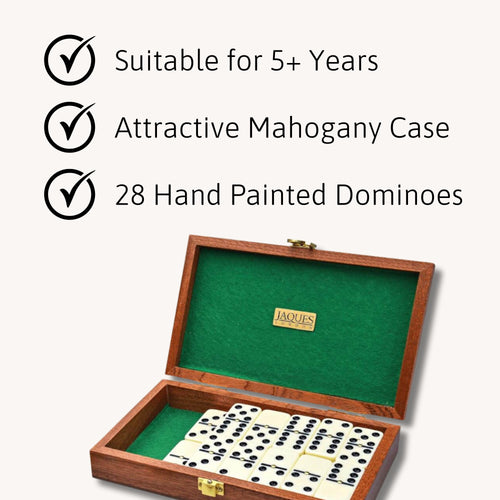 28 hand-painted dominoes in an attractive mahogany case, suitable for 5+ years. 
