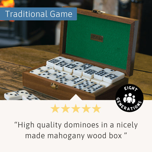 Classic dominoes set in wooden box – durable, timeless family game. 