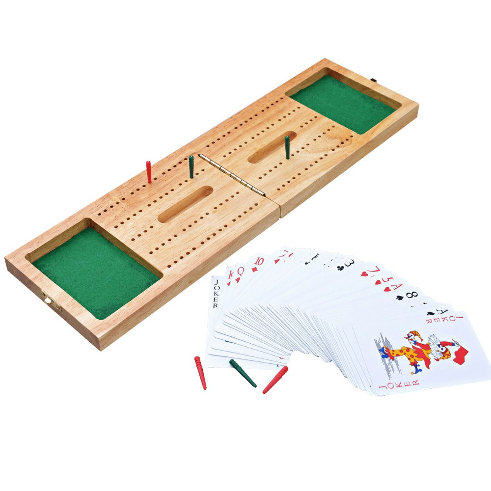 A wooden cribbage game set with green felt playing surfaces, playing pieces, and a fan of playing cards on a plain white background. 