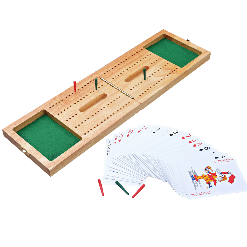 A wooden cribbage game set with green felt playing surfaces, playing pieces, and a fan of playing cards on a plain white background. 