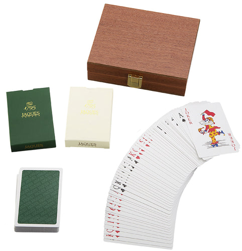 Green and white set of cards with walnut box 