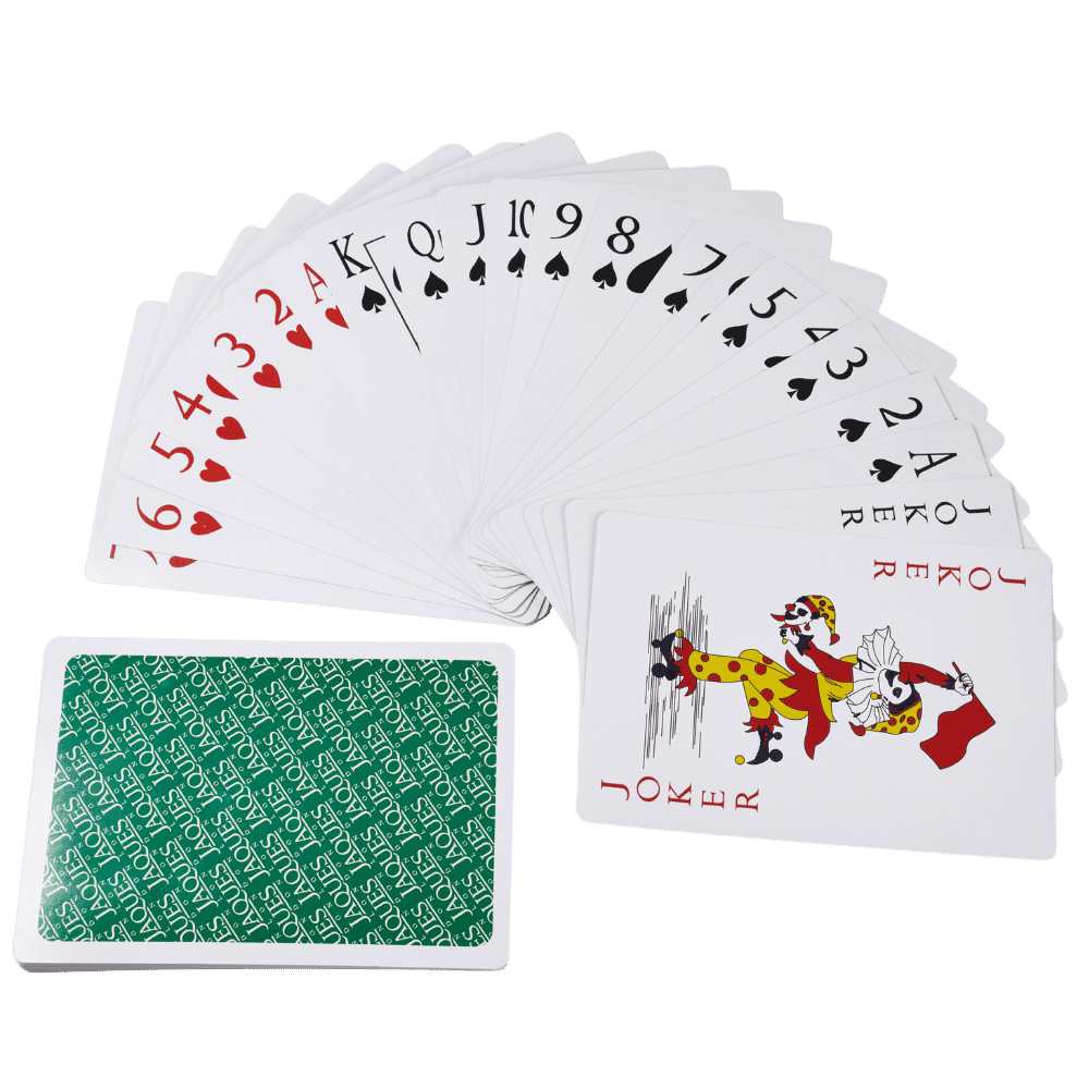 Playing cards with joker card on a green background 