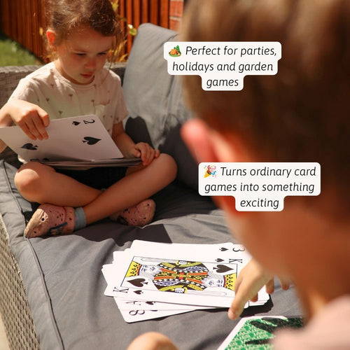 Children playing with playing cards outdoors, text overlay about party use and card excitement. 