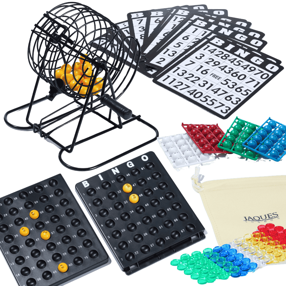 Bingo game set with balls, cards, and boards on a green background 