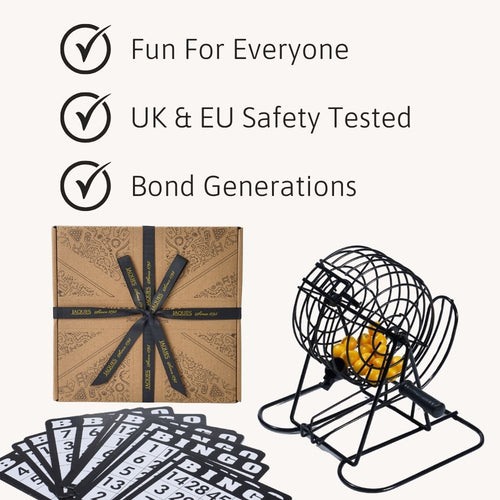 Bingo game set with box, balls, and cards on a white background 