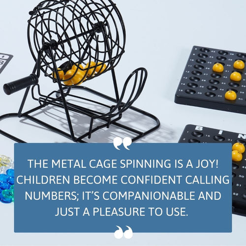 Punchboard with metal cage and numbered balls on a light blue background 