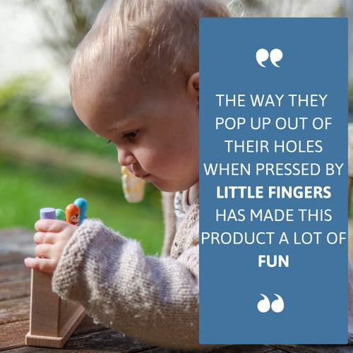 Child playing with a wooden toy set outdoors, with a blue text box containing a quote.  