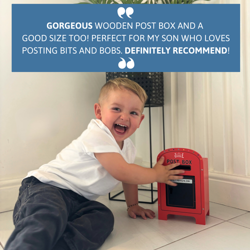 Child playing with a red post box indoors, with text praising its size and suitability for children.  