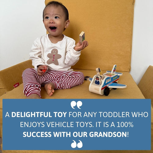 Child playing with a toy airplane on a couch, with a positive review quote about the toy. 