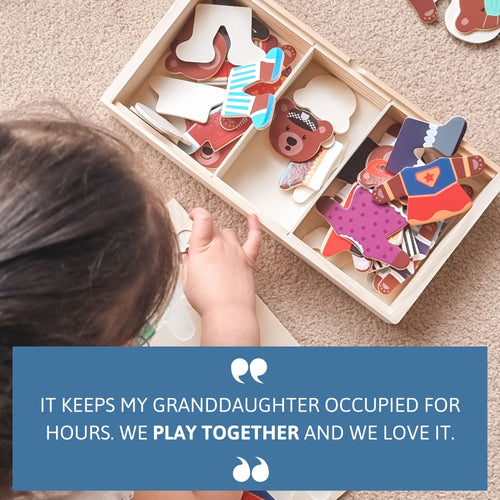 Child playing with wooden puzzle pieces on a carpeted floor 