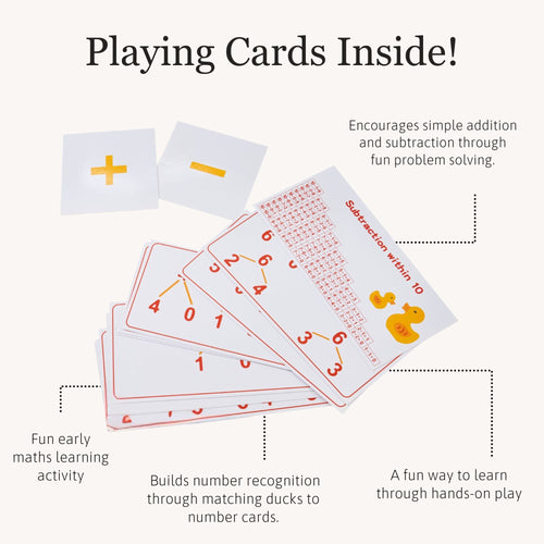 Playing cards from the duck fishing game spread out to show number matching and learning features, with explanatory text about early maths skills 