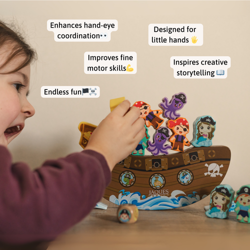 Child playing with a pirate-themed toy set on a wooden table 
