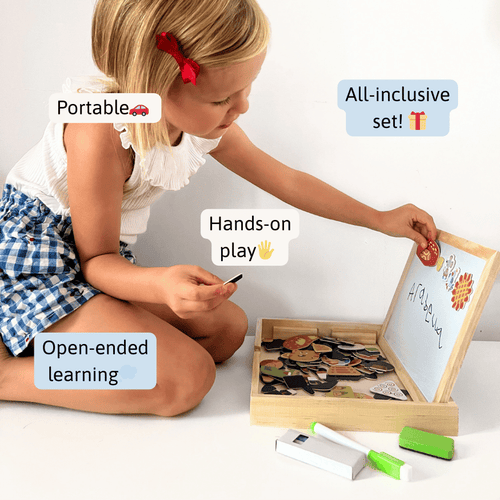 Child playing with a magnetic learning set on a white surface 