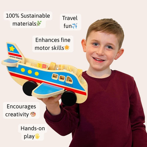 Child holding a wooden airplane toy with text highlighting its features on a light background 