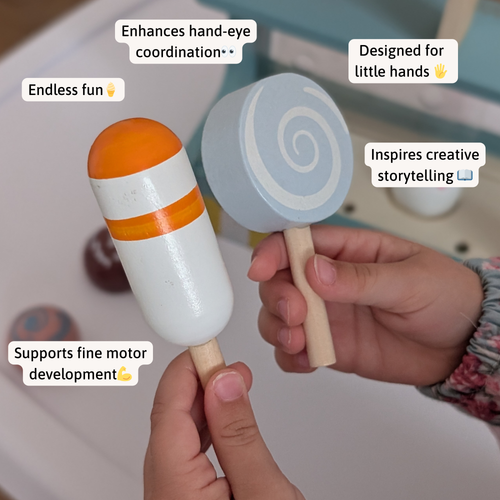 Two wooden toys held by hands with text highlighting benefits like hand-eye coordination, fun, and creative storytelling.  