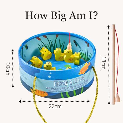 Size guide image of the blue duck fishing pond showing height and diameter measurements alongside the wooden fishing rod 