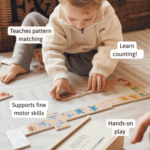 Child playing with a wooden puzzle on the floor, surrounded by text labels about educational benefits. 