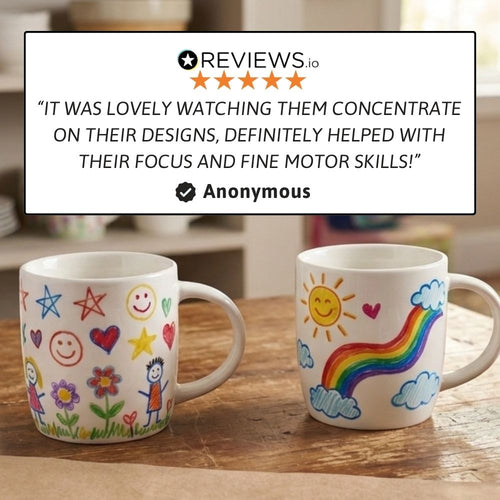 Jaques of London Paint Your Own Mug Set - two finished hand-painted mugs with rainbow and floral designs, 