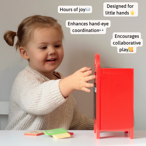 Child playing with a red toy, surrounded by text highlighting benefits  