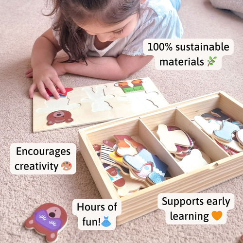Child playing with a wooden puzzle set on the floor, with text highlighting sustainability, creativity, fun, and learning. 
