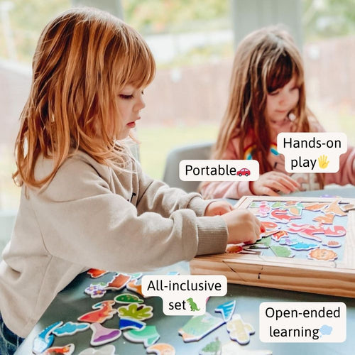 Two children playing with a puzzle set. 