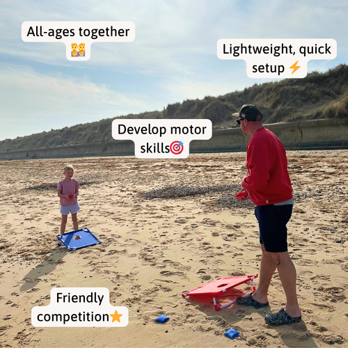 Adult and child playing cornhole on a beach with pop-up text highlighting all-ages play, quick setup, motor skill development, and friendly competition. 
