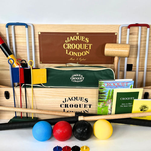 Croquet set with colourful mallets, balls, and accessories on a white background, featuring 'Jaques Croquet London' branding. 