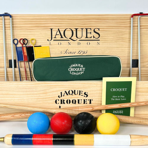 Croquet set with Jaques London branding on a wooden box. 
