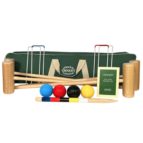 Croquet set with wooden mallets, balls, and a green carrying bag on a white background [fill]
