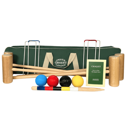 Croquet set with wooden mallets, balls, and a green carrying bag on a white background [fill]
