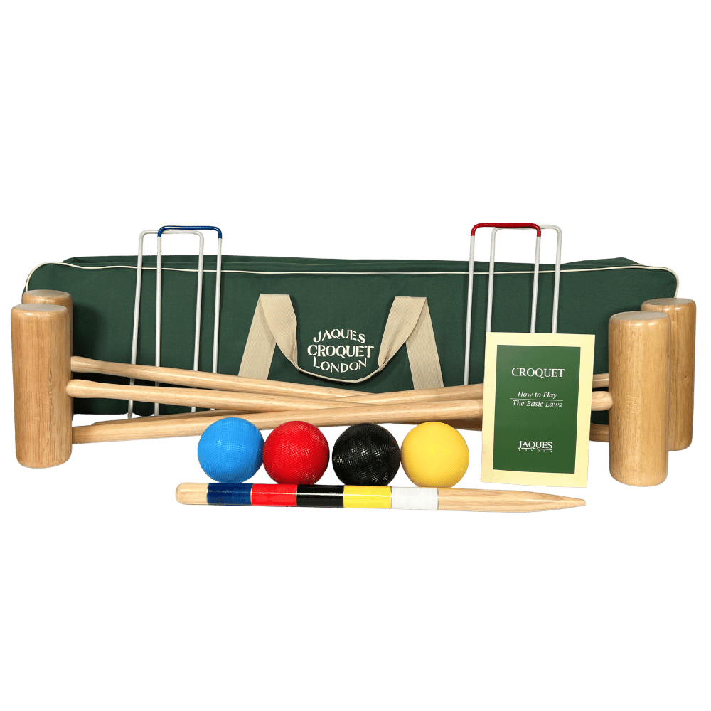 Croquet set with wooden mallets, balls, and a green carrying bag on a white background 