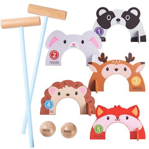 Set of animal-themed croquet mallets and balls with Jaques branding on a white background [fill]
