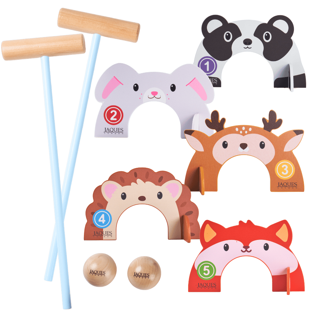 Set of animal-themed croquet mallets and balls with Jaques branding on a white background 