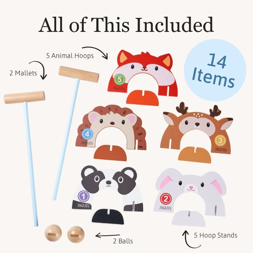 Wooden toy set with animal hoops, mallets, balls, and hoop stands on a white background.  