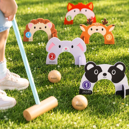 Children's croquet set with animal-shaped hoops on grass  