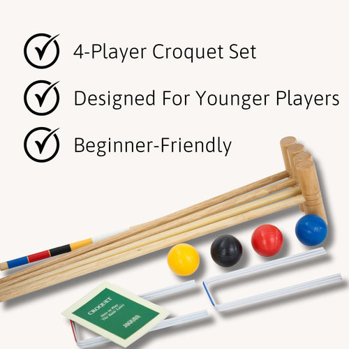 Croquet set laid out with mallets, coloured balls, hoops, and a rule book, with text highlighting “4-Player Croquet Set,” “Designed for Younger Players,” and “Beginner-Friendly.” 