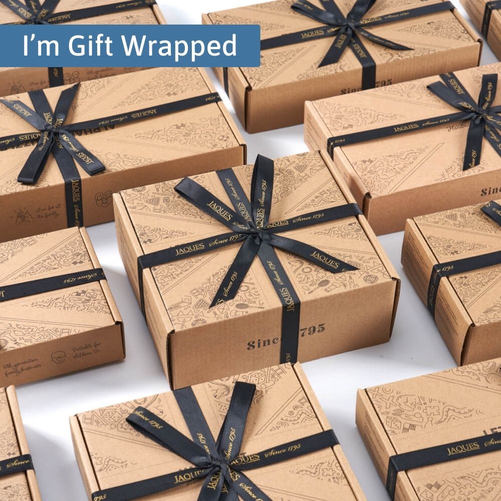 Multiple brown gift boxes with black ribbons on a white background, featuring the brand 'Jaques'. 