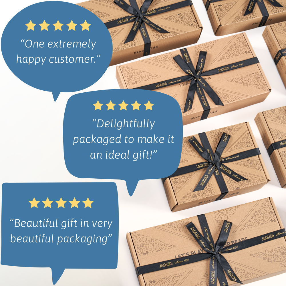 Gift boxes with black ribbons and customer reviews on a white background 