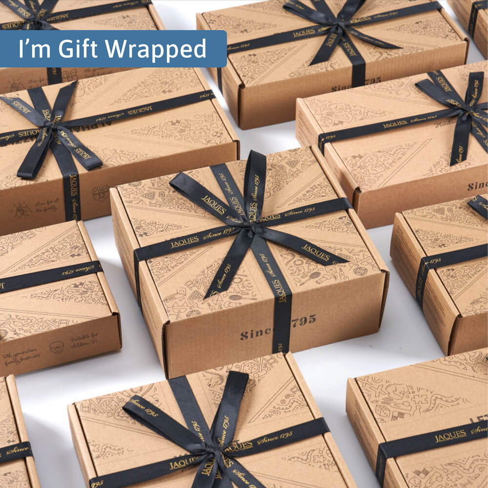 Multiple gift boxes with black ribbons on a white background, featuring the brand 'Jaques'.  