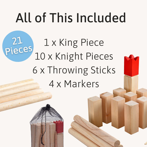 Complete Jaques of London Kubb Set shown with wooden pieces and mesh carry bag, text reading “All of This Included – 21 Pieces,” listing one king piece, ten knight pieces, six throwing sticks, and four markers. 