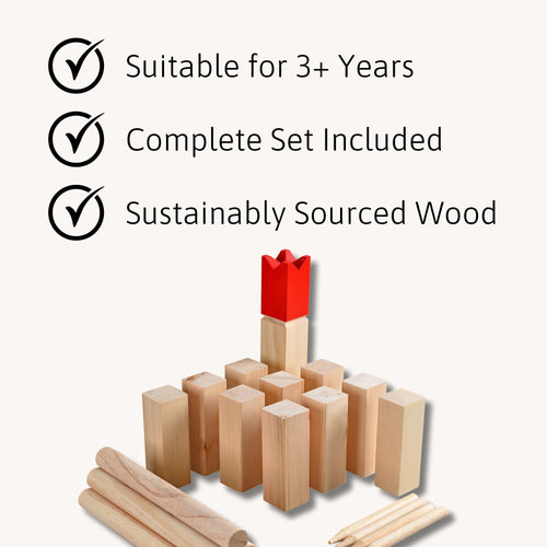 Kubb game set arranged neatly with the red-topped king and surrounding wooden pieces, next to text listing key product points: “Suitable for 3+ Years,” “Complete Set Included,” and “Sustainably Sourced Wood.” 