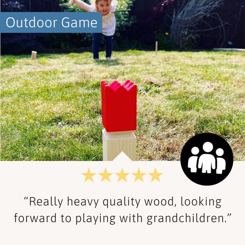 Child playing outdoors with the Jaques of London Kubb Set, aiming a wooden baton towards the red-topped king piece on grass, with text reading “Outdoor Game” and a five-star review about high-quality wood. 