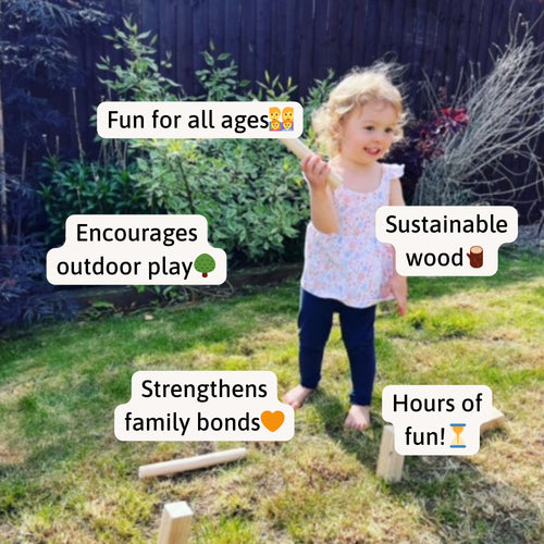 Child standing barefoot on grass holding a wooden baton, surrounded by Kubb blocks, with text labels reading “Fun for all ages,” “Encourages outdoor play,” “Sustainable wood,” “Strengthens family bonds,” and “Hours of fun.” 