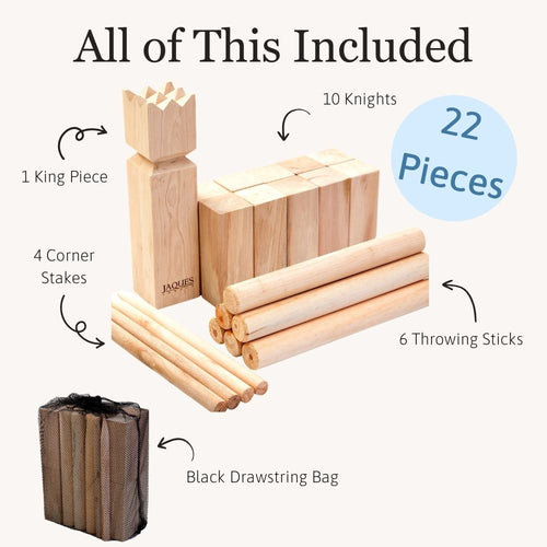 Wooden Kubb game set contents including king, kubbs and throwing batons 