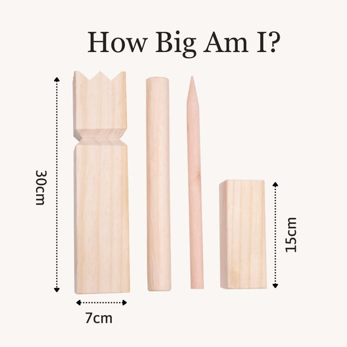 Wooden Kubb game pieces shown with size dimensions 