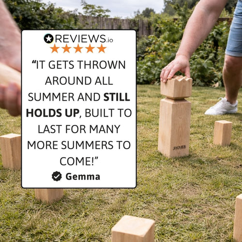 Wooden Kubb garden game made from durable natural wood 