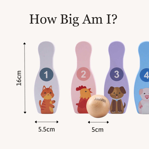 Set of four animal-themed bowling pins with a ball, showing measurements on a white background. 