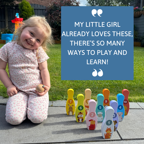 Child playing with colorful toy bowling set outdoors, with text overlay.