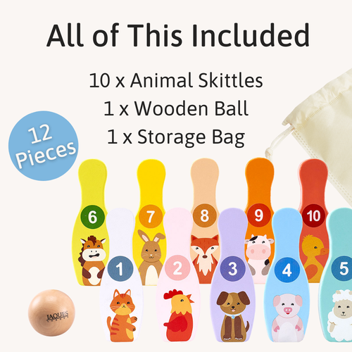 Set of animal-themed skittles with a wooden ball and storage bag, labelled as included items. 
